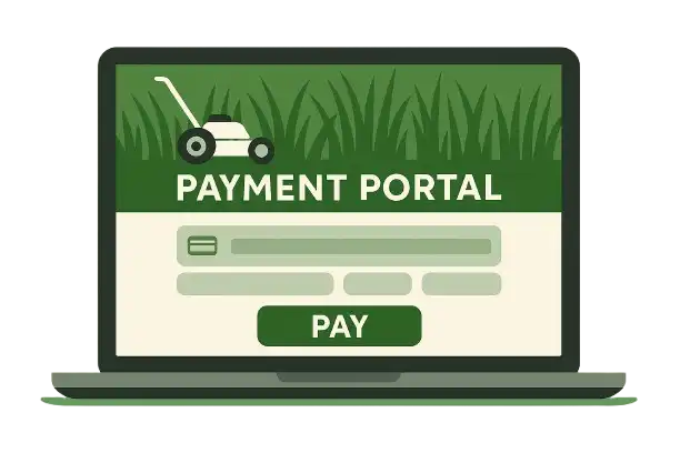Laptop screen showing an online payment portal for a Winter Haven, FL Lawn Mowing Service, including a lawn mower icon, payment fields, and a “Pay” button—ideal for residential or commercial lawn care customers.